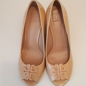 Tory Burch Lowell Leather Peep Toe Wedge
